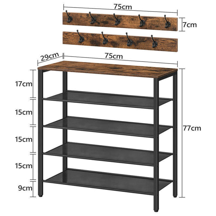 Wooden Rustic Foyer Shoe Rack With Coat Hook